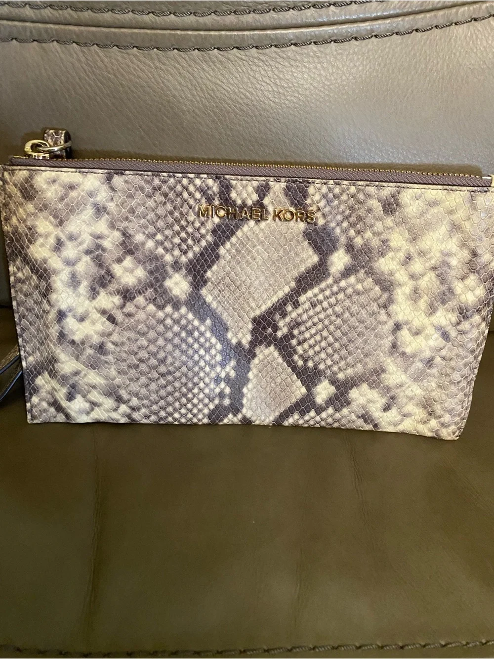 Michael Kors Large Snake Print Leather Wristlet Clutch - Taupe & Brown